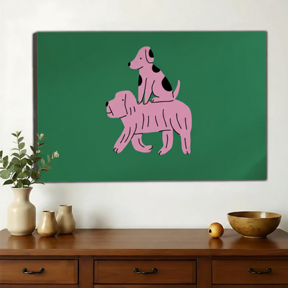 Pink Stacked Dogs – Whimsical Minimalist Dog Wall Art on Natural Wood Canvas | W2035