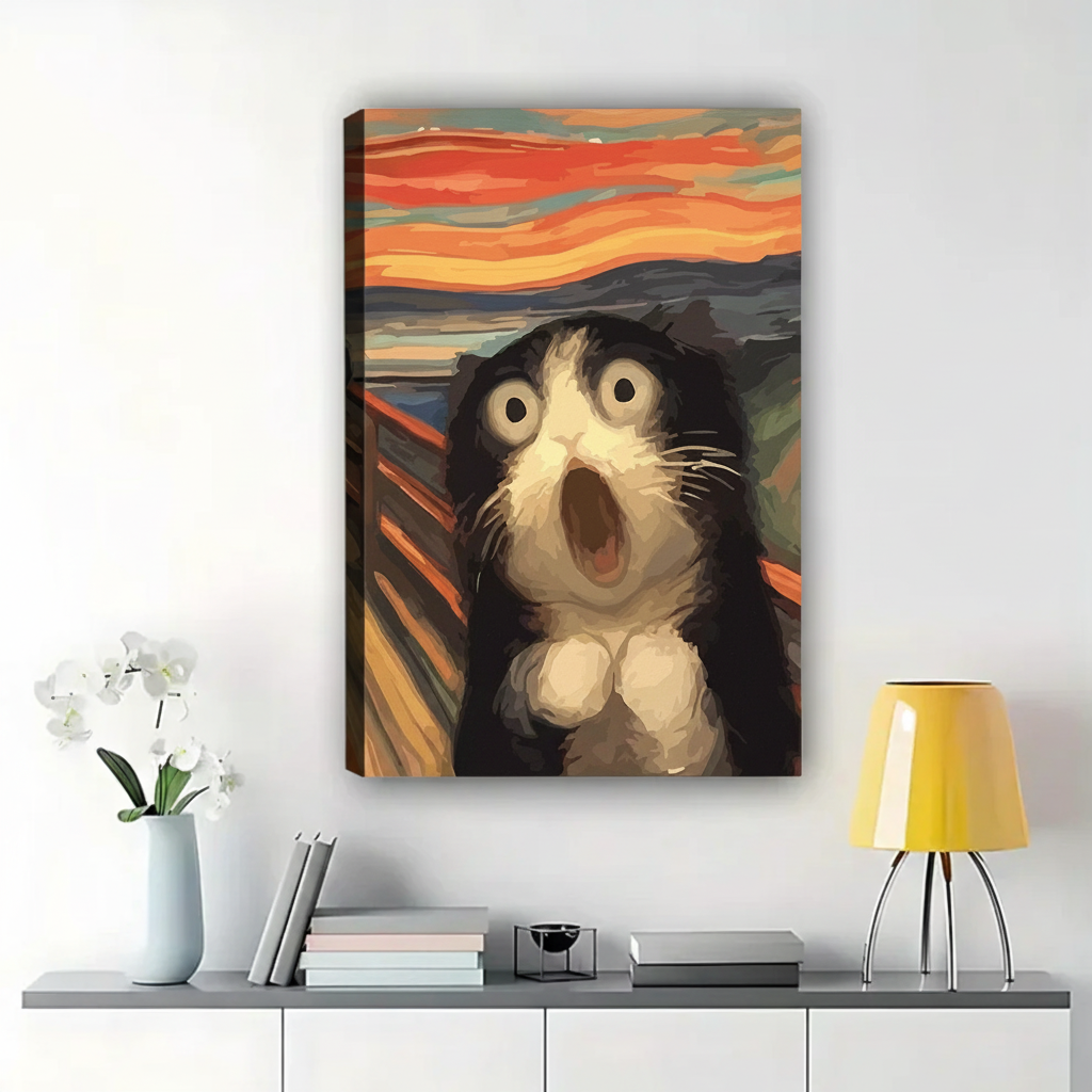The Scream Cat Parody Wall Art – Funny Munch-Inspired Canvas Print on Natural Wood Frame | W2126