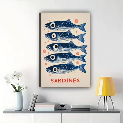 SARDINES Stacked Fish – Retro Minimalist Wall Art on Natural Wood Canvas | W886