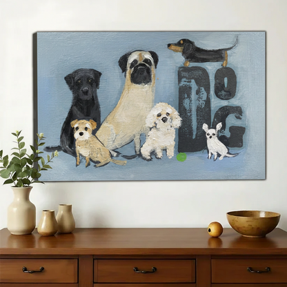 Multi-Breed Dogs Group Wall Art – Heartwarming Dog Family Canvas Print on Natural Wood Frame | W2430