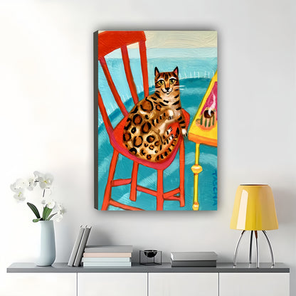 Bengal Cat on Red Chair by the Sea – Whimsical Coastal Wall Art on Natural Wood Canvas | W934