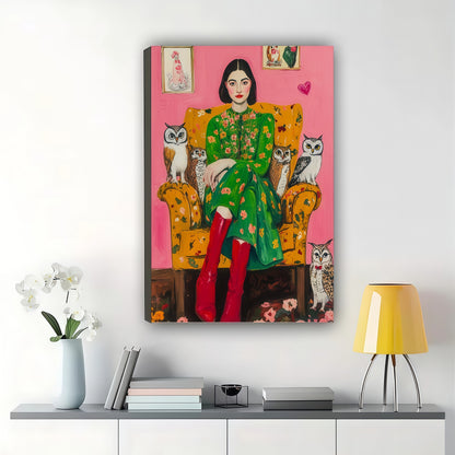 The Bohemian Cat Lady – Vibrant Retro Wall Art on Natural Wood Canvas | W641