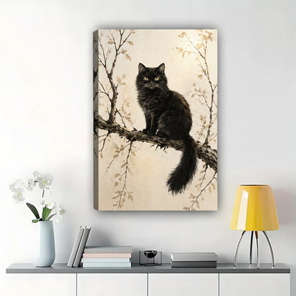 Fluffy Black Cat on Branch Wall Art – Warm Japanese Ink Painting Canvas Print on Natural Wood Frame | W2190