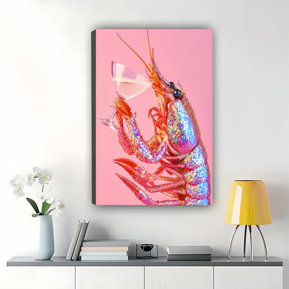 The Pink-Background Lobster Toast – Quirky Retro Wall Art on Natural Wood Canvas | W680