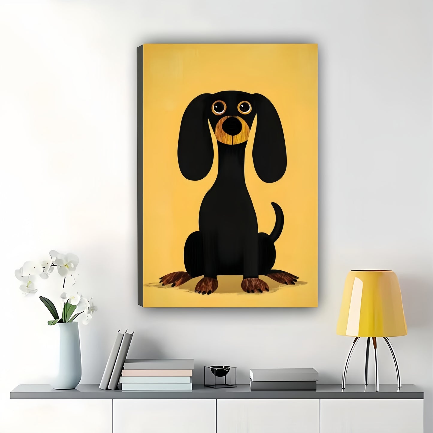 The Yellow-Background Cartoon Dachshund – Bold Playful Wall Art on Natural Wood Canvas | W666