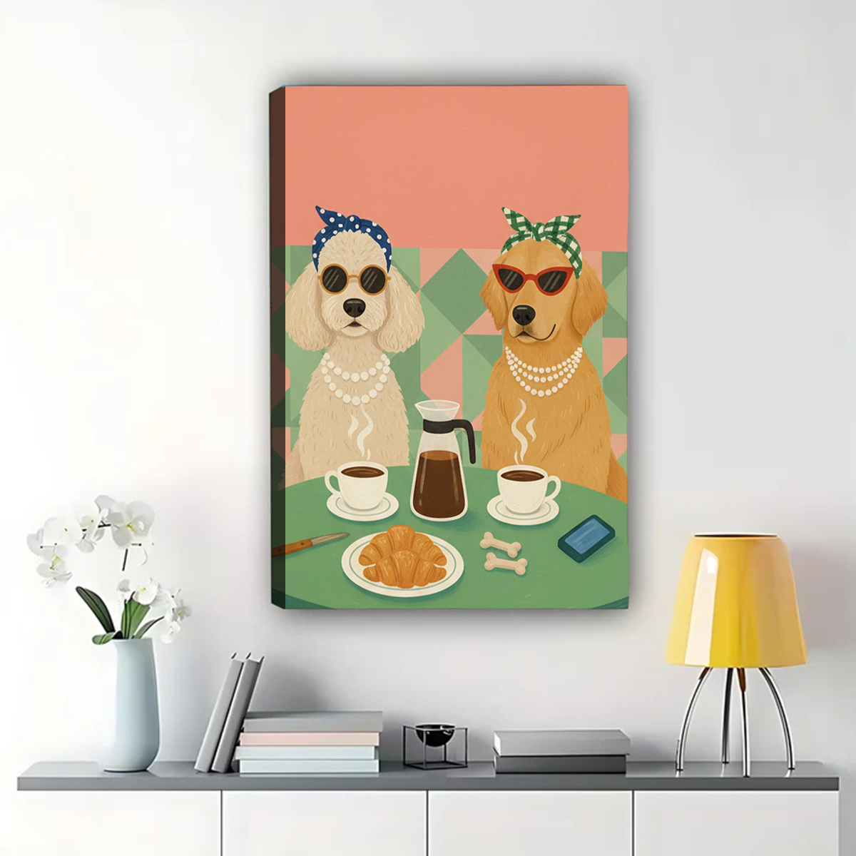 Glamorous Dogs Coffee Date Wall Art - Retro Pet Portrait Print|W1084