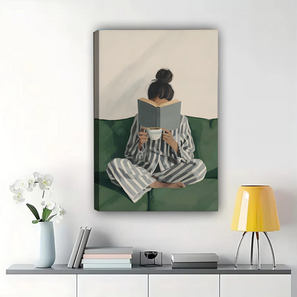 Woman Reading with Coffee Wall Art - Cozy Morning Canvas Print|W1325