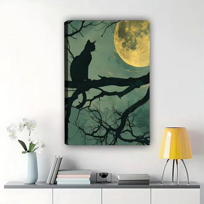 Cat Silhouette Under Full Moon Canvas Wall Art - Moonlight Print|W1159