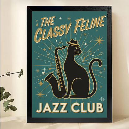 Retro Tiki Bar Cat Art - Vintage Tropical Wall Decor Print|W1006