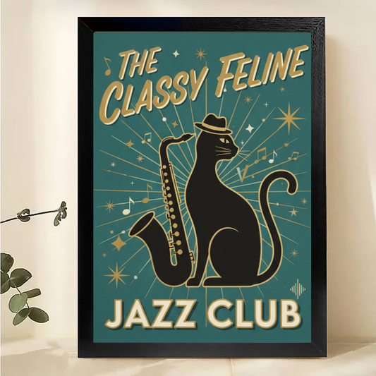 Retro Tiki Bar Cat Art - Vintage Tropical Wall Decor Print|W1006