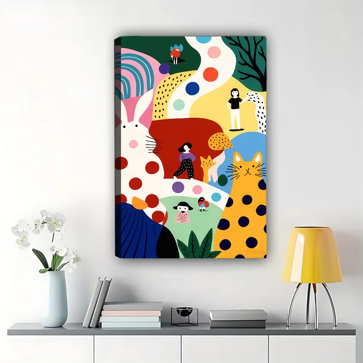 Whimsical Cat & Rabbit Abstract Art Print - Colorful Modern Wall Decor|W1141