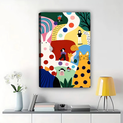 Whimsical Cat & Rabbit Abstract Art Print - Colorful Modern Wall Decor|W1141