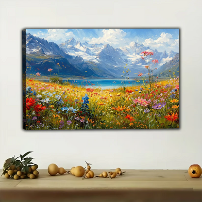 Mountain Wildflower Meadow Framed Canvas - Alpine Lake Art|W1237