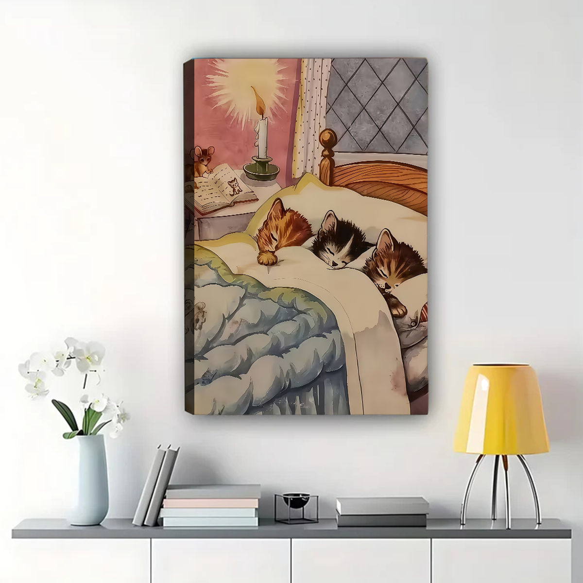 Sleeping Kittens Wall Art - Cozy Bedroom Canvas Print|W1091