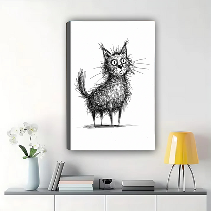 Scruffy Cat Sketch Wall Art - Quirky Line Drawing Print|W1277