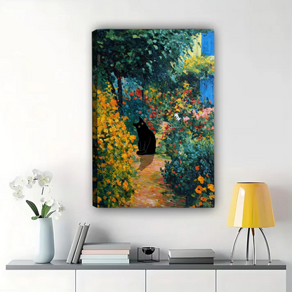Black Cat in Garden Wall Art - Impressionist Floral Landscape Print|W1229