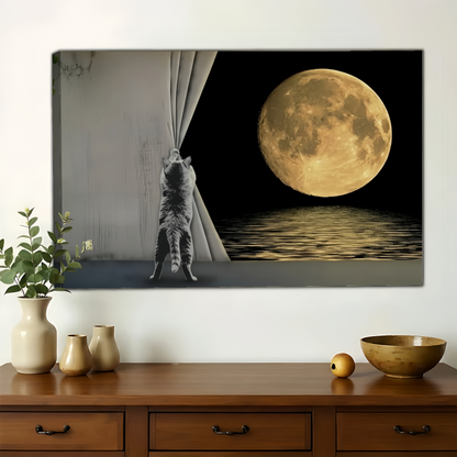 Cat Pulling Curtain to Reveal Full Moon Wall Art - Surreal Canvas Print| W1390