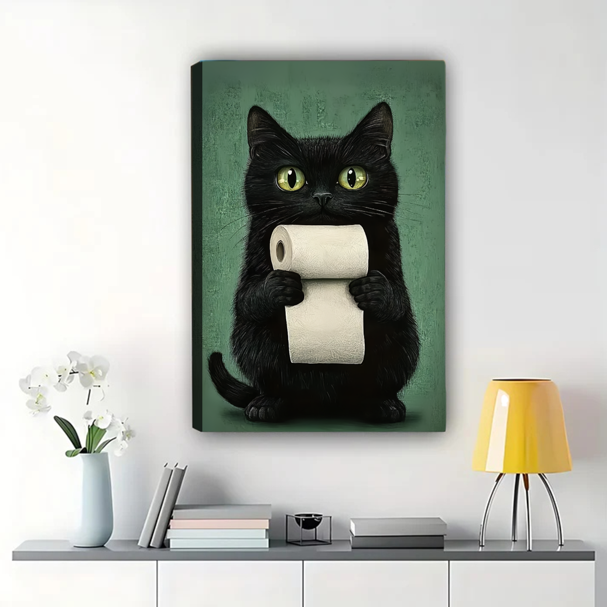 Black Cat with Toilet Paper Art Print | Funny Bathroom Wall Decor|W1166