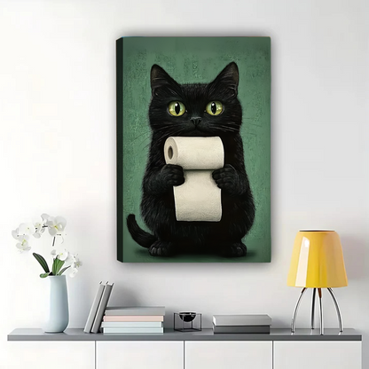 Black Cat with Toilet Paper Art Print | Funny Bathroom Wall Decor|W1166