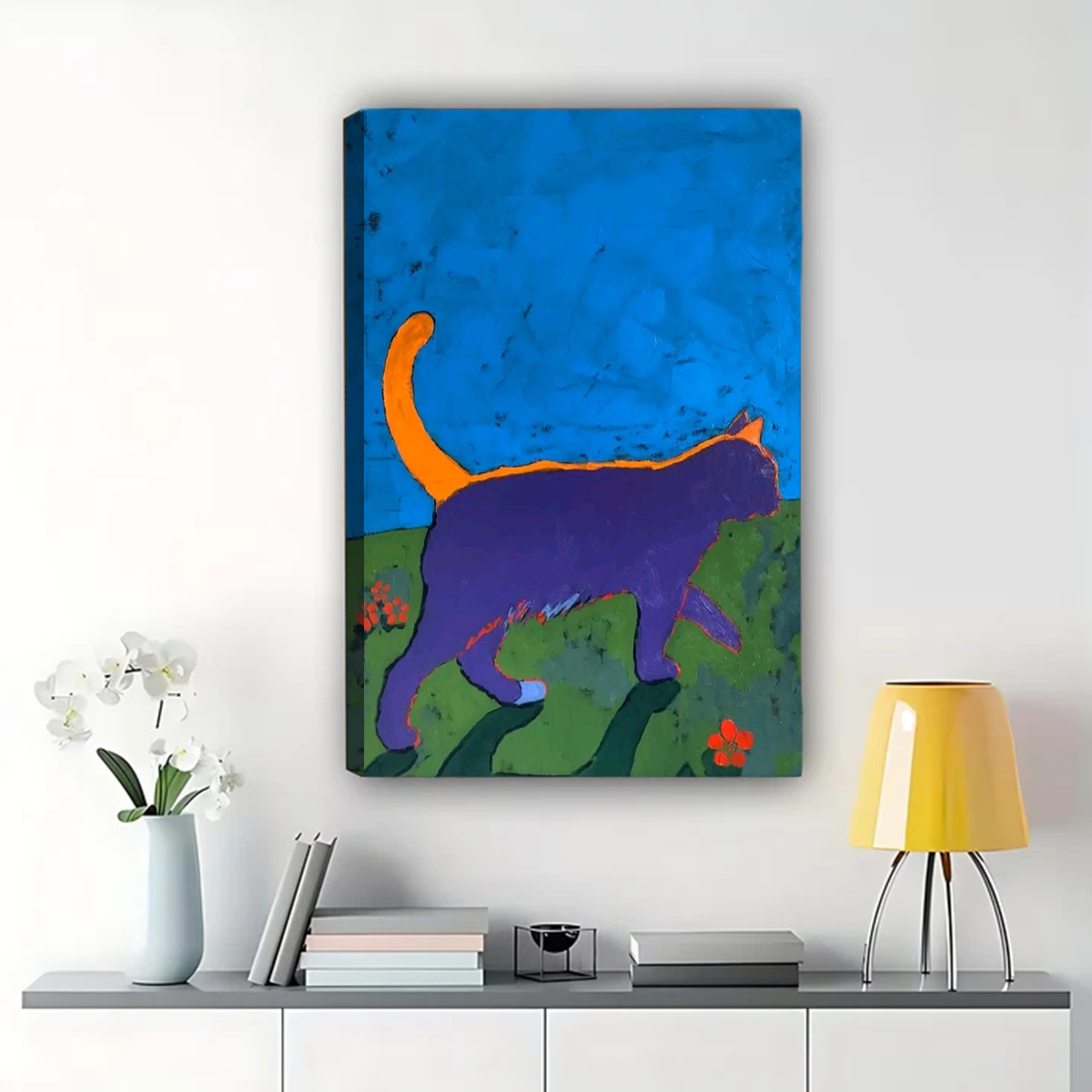 Purple Cat in Garden Wall Art - Bold Colorful Abstract Print|W1259