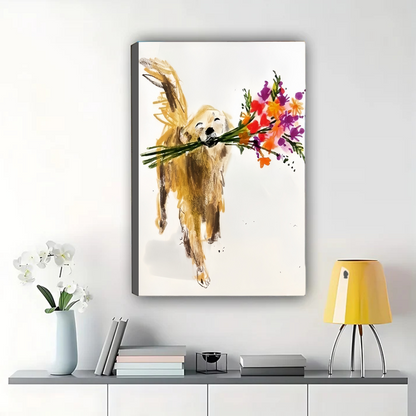 Golden Retriever with Flowers Wall Art - Hand-Painted Print|W1292