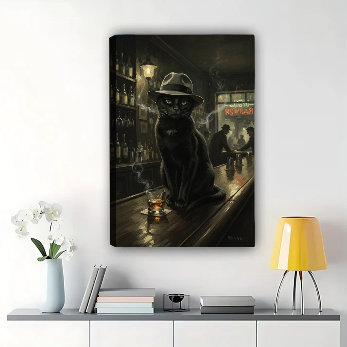 Black Cat in Fedora at Speakeasy - Noir Bar Art Print|W1099