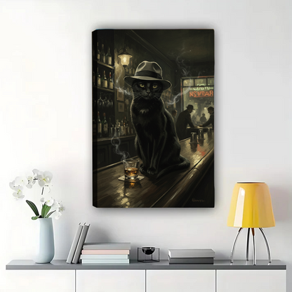Black Cat in Fedora at Speakeasy - Noir Bar Art Print|W1099