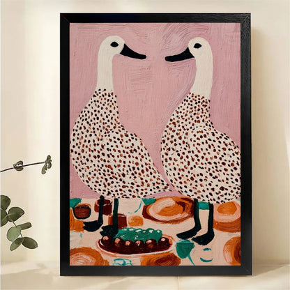 Two Spotted Geese at Dinner Table Wall Art - Whimsical Textured Oil Painting Canvas Print|W1446
