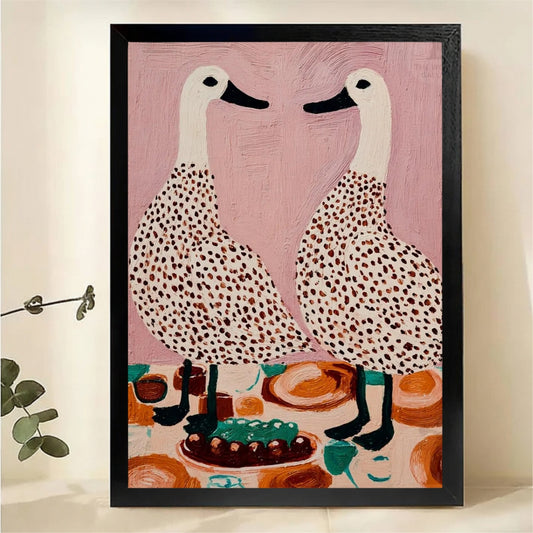 Two Spotted Geese at Dinner Table Wall Art - Whimsical Textured Oil Painting Canvas Print|W1446
