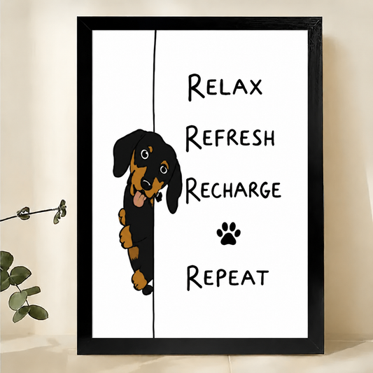 Relax Refresh Recharge Repeat Dachshund Wall Art – Funny Motivational Dog Canvas Print on Natural Wood Frame | W2312