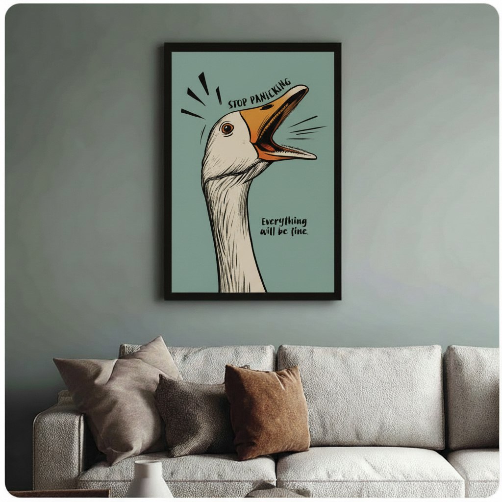 Screaming goose Stop Panicking stretched canvas print — humorous motivational wall art for living room decor
