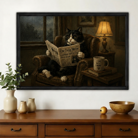 Tuxedo Cat Reading The Daily Meow Wall Art – Whimsical Dark Luxury Cat Canvas Print on Natural Wood Frame | W2286