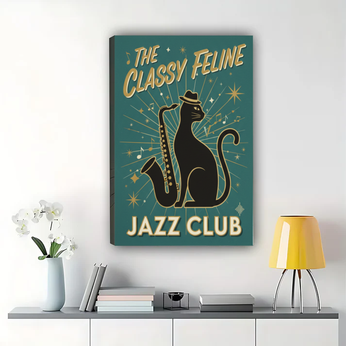 Retro Tiki Bar Cat Art - Vintage Tropical Wall Decor Print|W1006