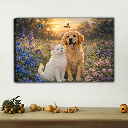 Golden Retriever and White Cat in Flower Garden - Impressionist Canvas Art| W1180