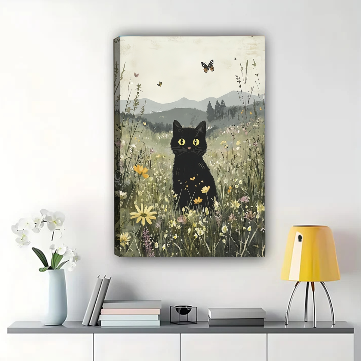 Black Cat in Wildflower Meadow Wall Art - Whimsical Nature Canvas Print|W1326