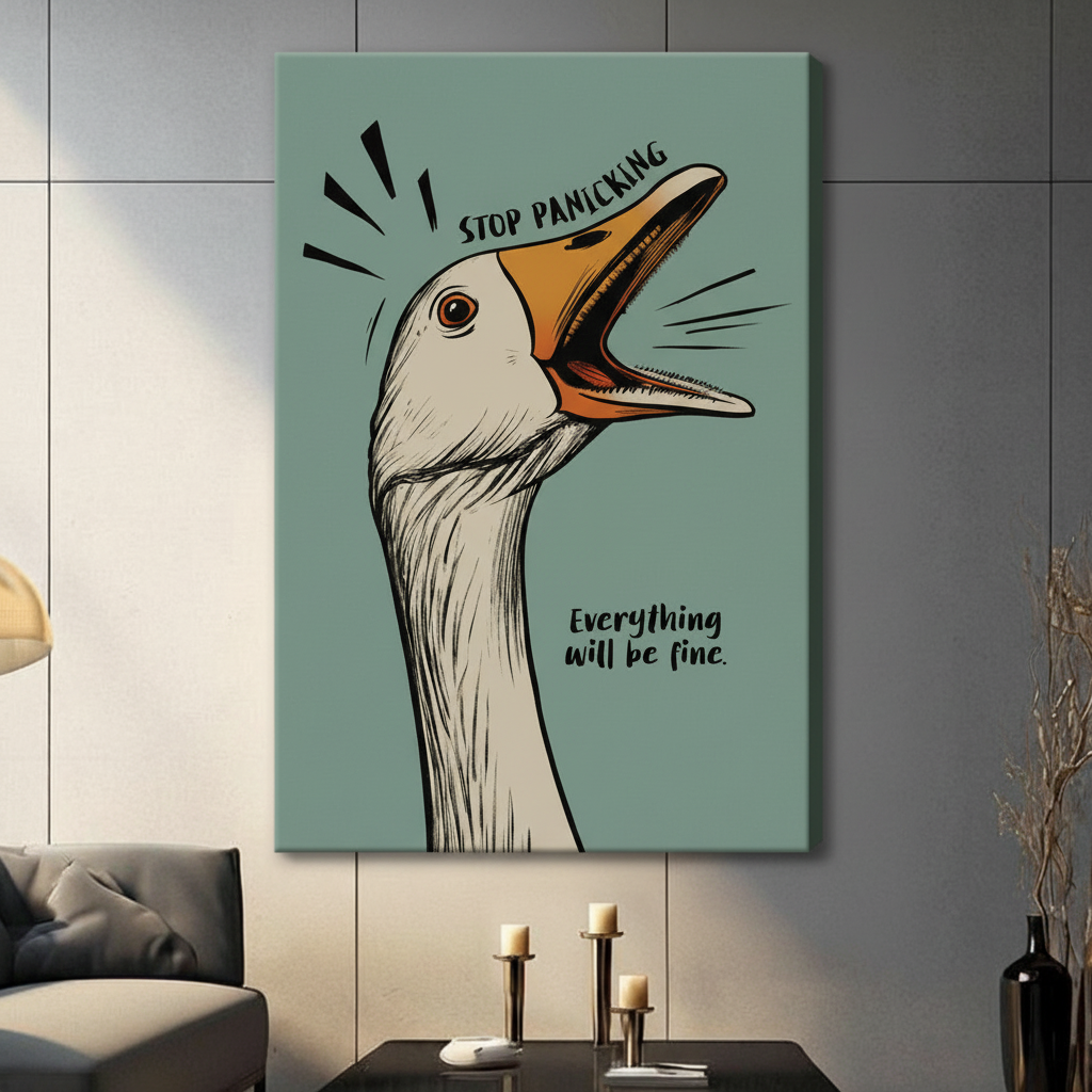 Funny goose Everything Will Be Fine canvas print — bold sage green humor wall art for eclectic American home
