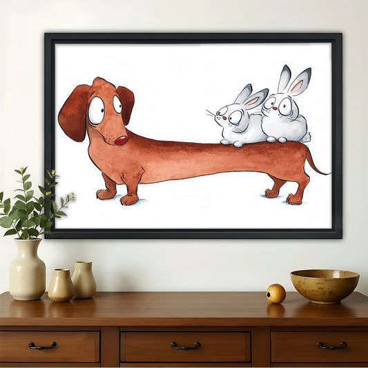 Dachshund with Bunnies Wall Art - Cute Cartoon Print|W1306