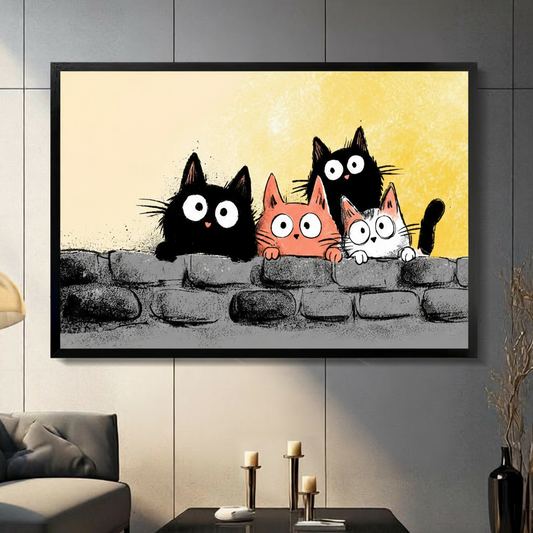 Four Cats Peeking Wall Whimsical Canvas Wall Art