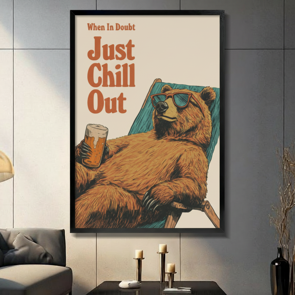 Just chill out retro bear canvas wall art – main product view with black frame