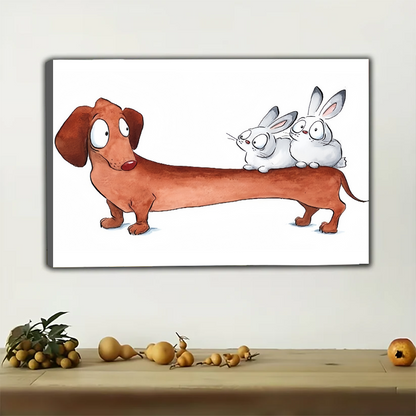 Dachshund with Bunnies Wall Art - Cute Cartoon Print|W1306