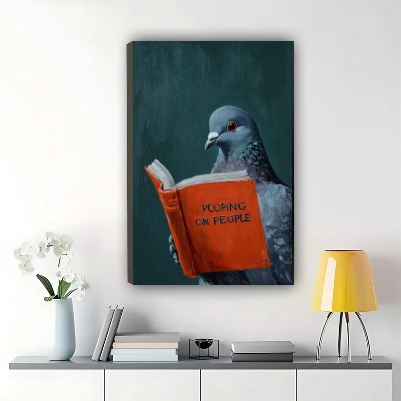 Pigeon Reading “F**king for Pleasure” – Humorous Pop Art Wall Art on Natural Wood Canvas | W832