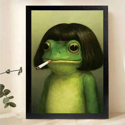 The Cool Frog Figure – Retro Edgy Wall Art on Natural Wood Canvas | W586