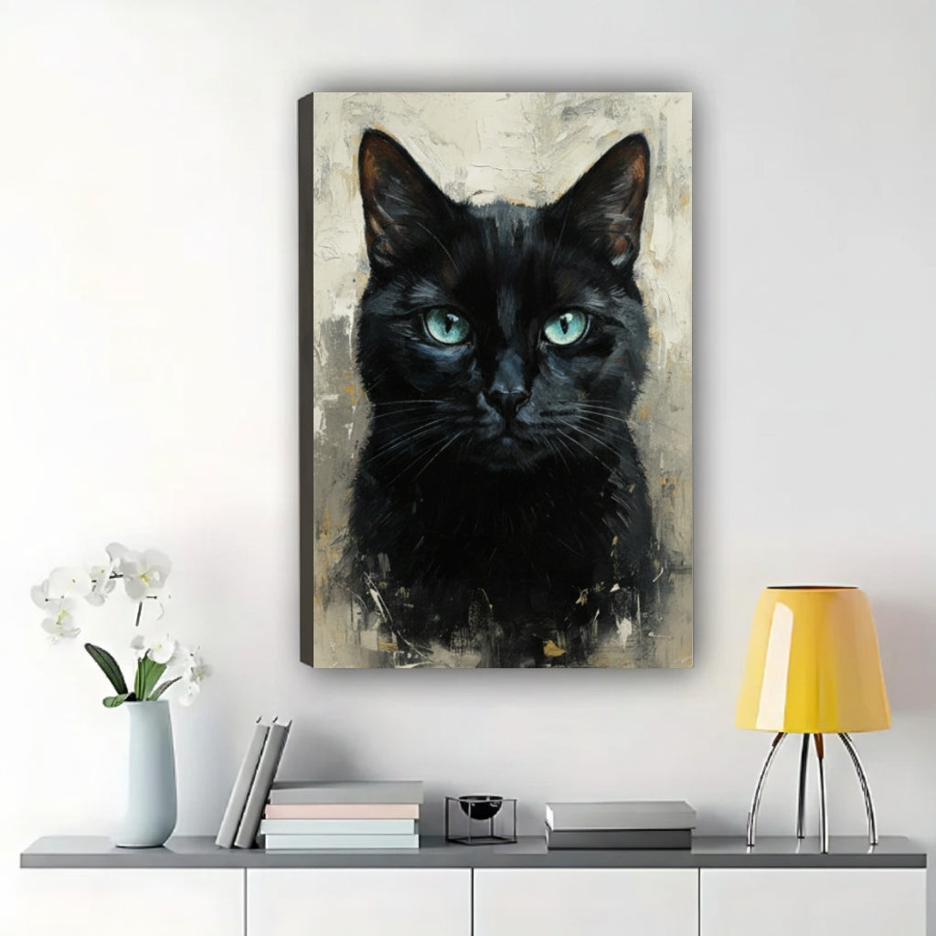 The Sophisticated Black Feline – Oil-Style Realistic Wall Art on Natural Wood Canvas | W547