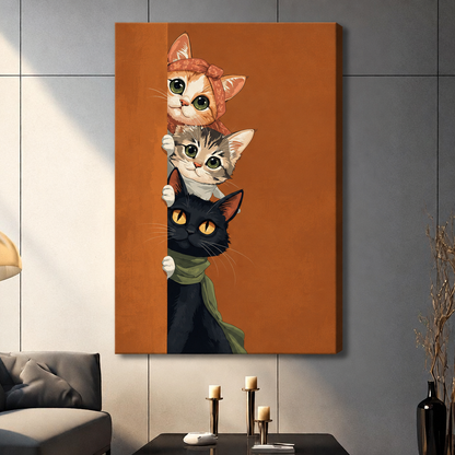 Three cats peeking around a corner orange with bow tabby and black with green scarf funny cat wall art stretched canvas dark panel wall living room