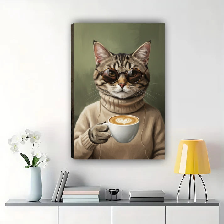 Cool Cat Coffee Canvas Wall Art – Tabby Cat with Sunglasses Print|W1001