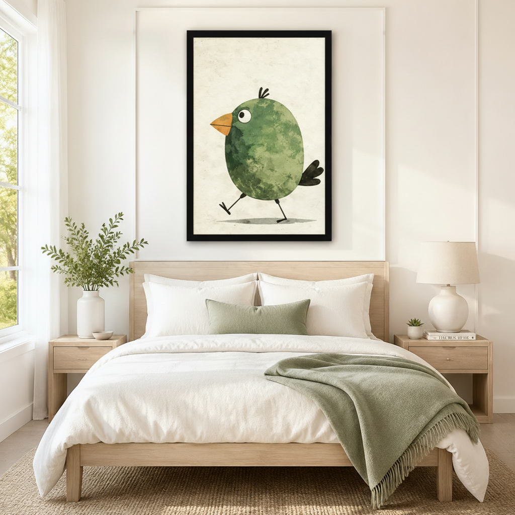 Cute Green Bird Watercolor Whimsical Canvas Wall Art w4115