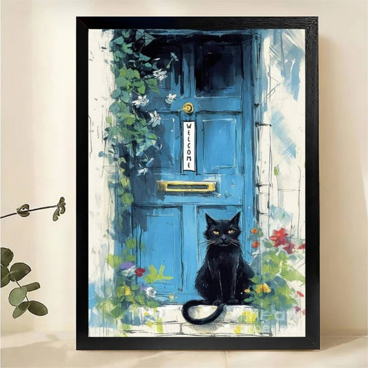 Black Cat at Blue Door Wall Art - Charming Welcome Print|W1319