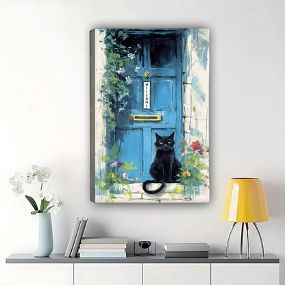 Black Cat at Blue Door Wall Art - Charming Welcome Print|W1319