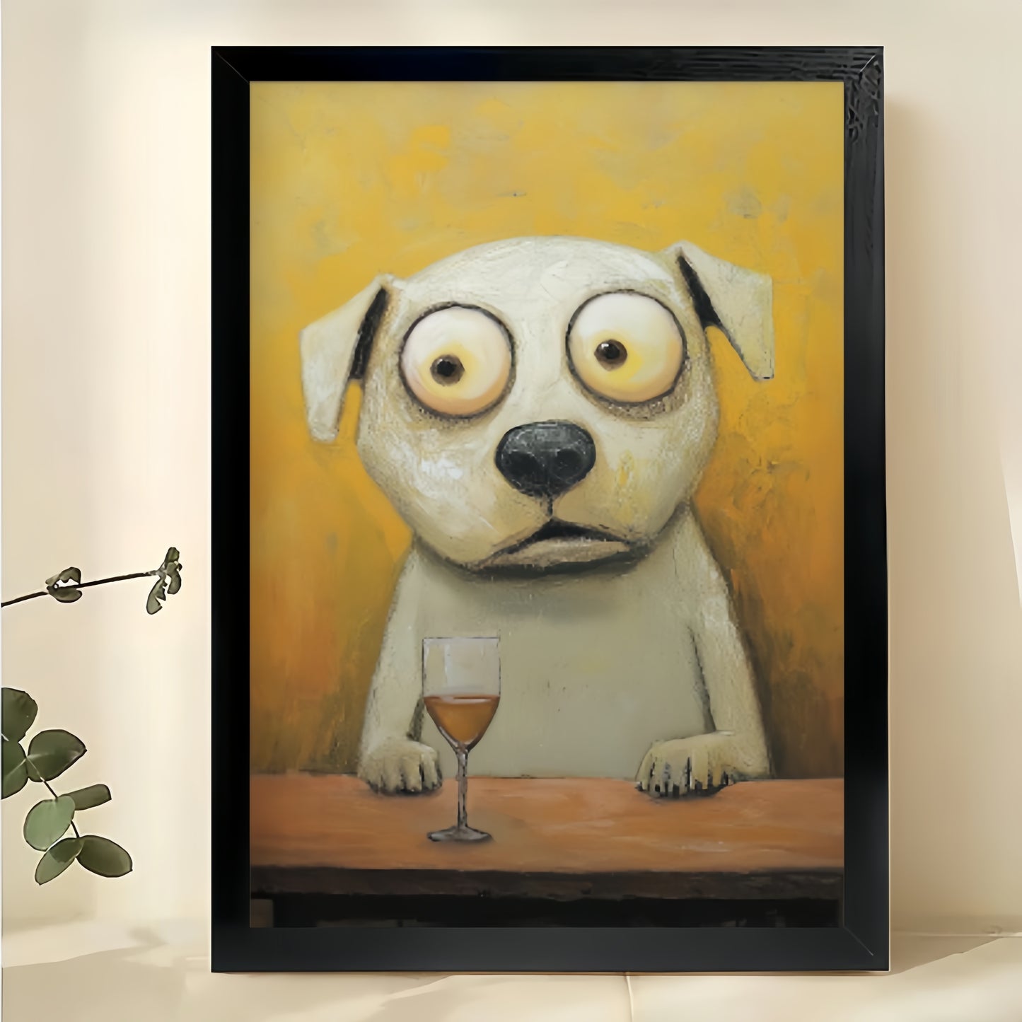 Sad Eyed Dog Bar – Whimsical Lonely Pet Wall Art on Natural Wood Canvas | W2011