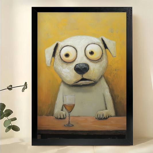 Sad Eyed Dog Bar – Whimsical Lonely Pet Wall Art on Natural Wood Canvas | W2011